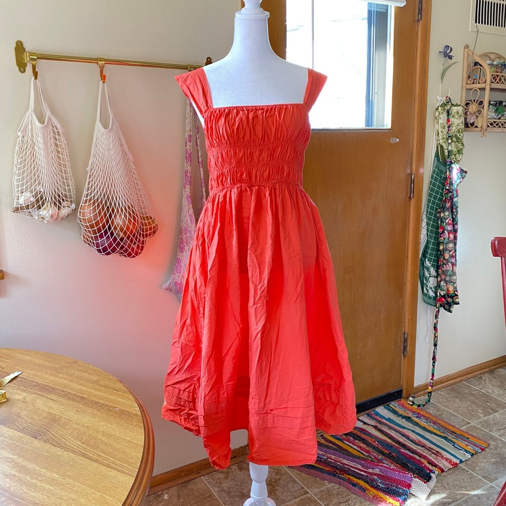 PINCH Smocked Cotton A Line Fit n Flare Coral Midi Dress Medium Trad Cottage Fem